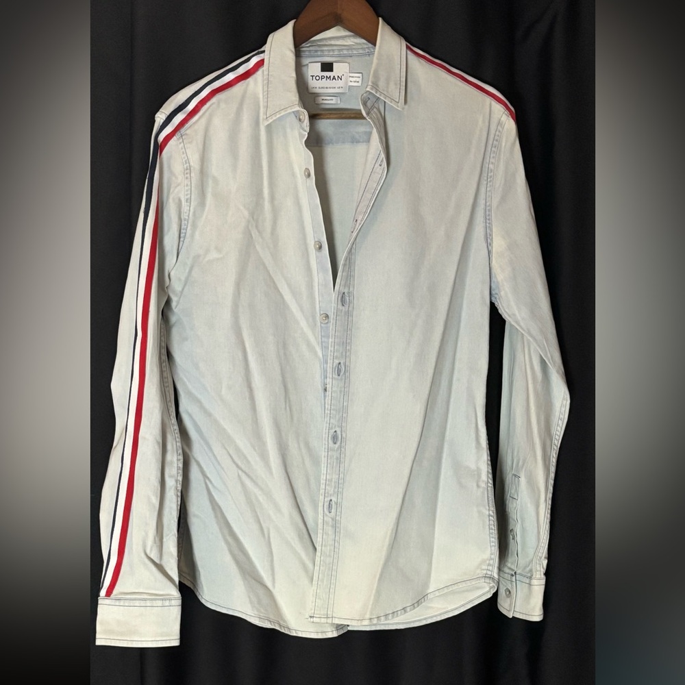 Topman Medium Light Blue Muscle Shirt with Red, White and Blue Stripes